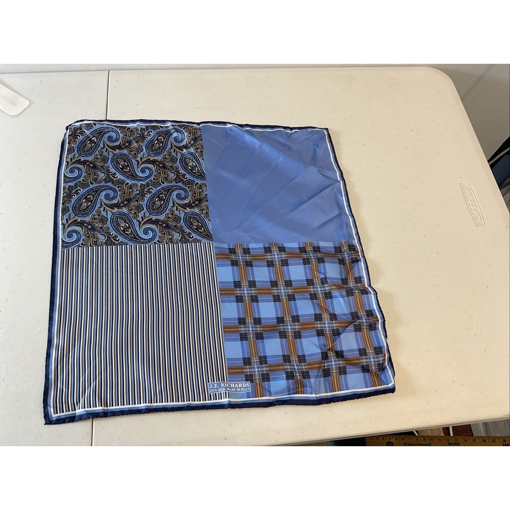 J.Z. Richards 100% Silk Pocket Square Light Blue Brown Paisley Plaid Italy EUC